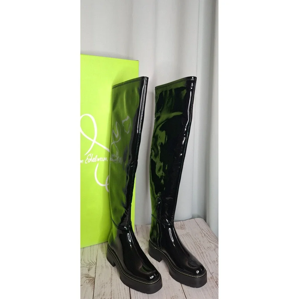 Sam Edelman Lydia Black Patent Over The Knee Lug Sole Boots I3399S1001  6.5M *